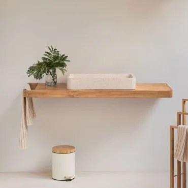 Zestaw Mebli Łazienkowych 130x45 Cm Wiszący Z Drewna Tekowego Neill Drewno Tekowe & Prostokątny Biały Cement 60x30 Cm Ronald - Sklum