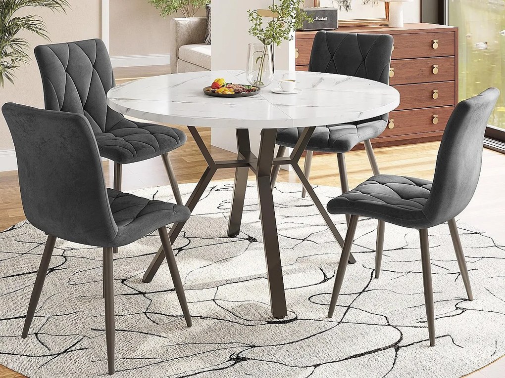 Nowoczesny okrągły stół jadalny (średnica 1m), metalowa podstawa w kształcie X, blat z motywem marmuru, biały