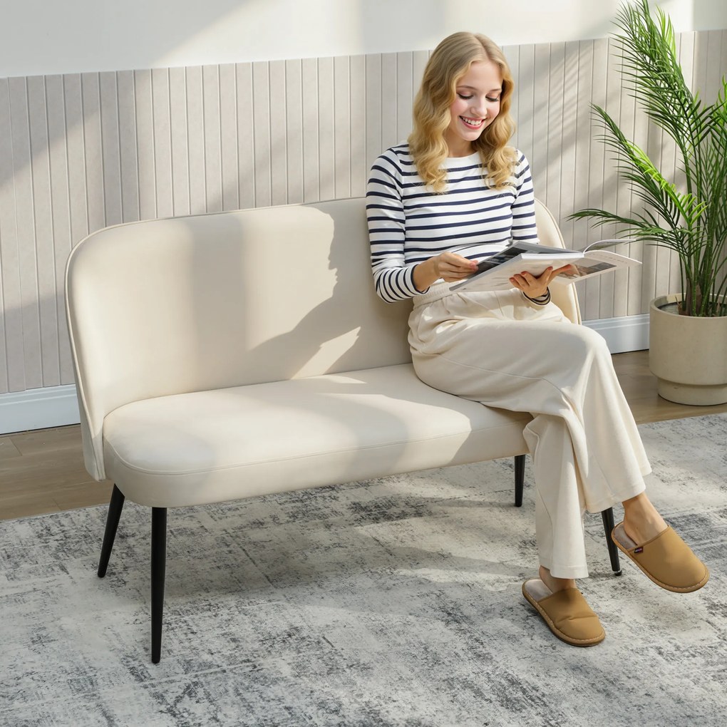 HOMCOM Sofa 2-osobowa, nowoczesna tapicerowana kanapa z metalowo-drewnianą ramą, welurowa tapicerka, beżowa