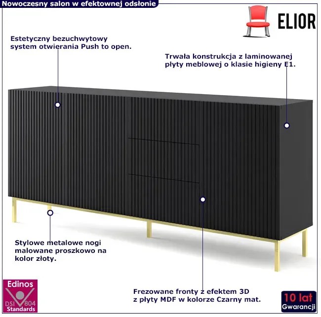 Czarna komoda z lamelowym frontem glamour - Melis 7X