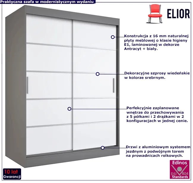 Szafa przesuwna antracyt + biały 150 cm - Bohosa 4X