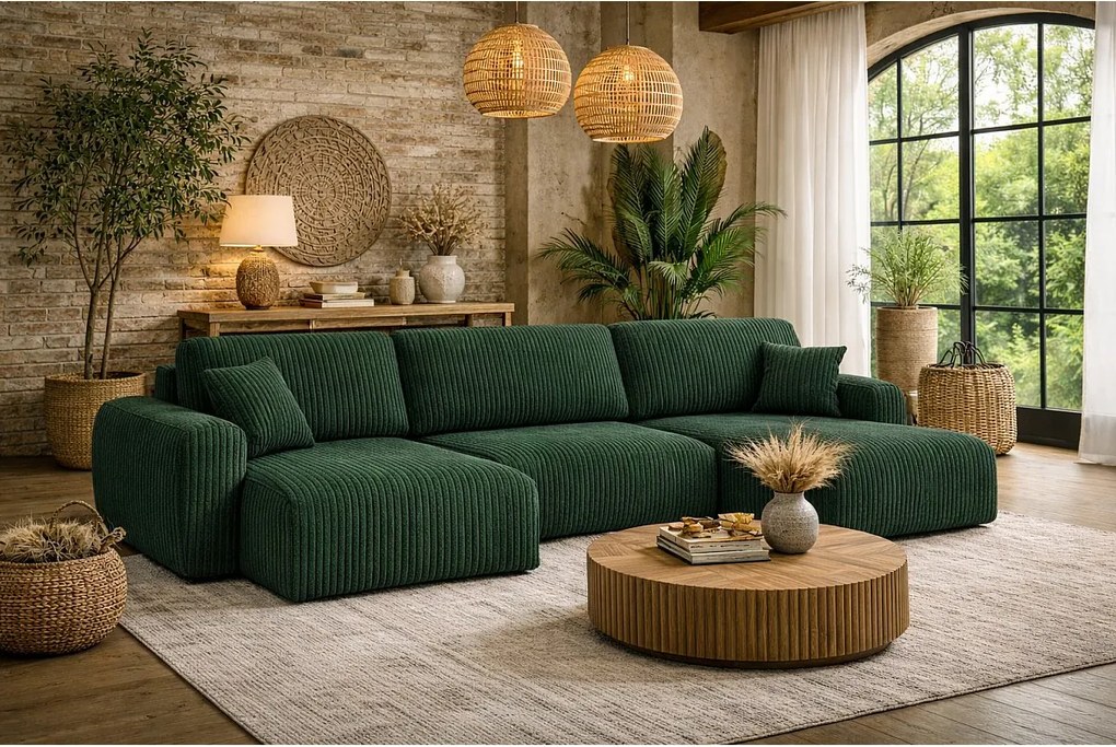 Narożnik w kształcie U z funkcją spania i pojemnikiem Ivo U, tkanina sztruksowa Poso, Zielony