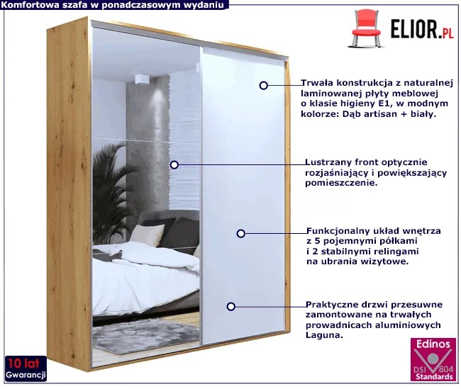 Przesuwna szafa z lustrem dąb artisan + biały - Estori 3X