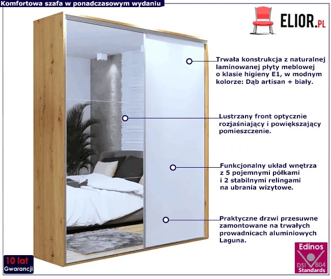 Przesuwna szafa z lustrem dąb artisan + biały - Savona 3X