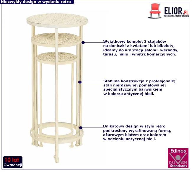 Zestaw białych kwietników w stylu retro Ellen