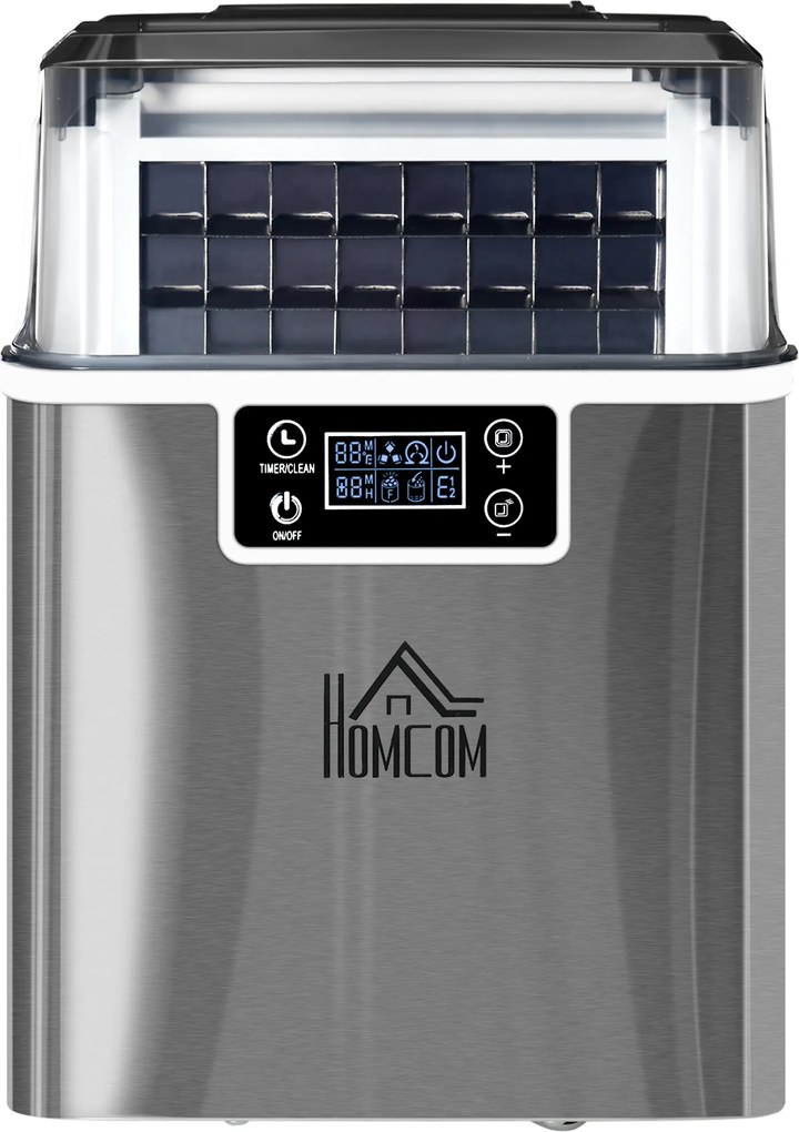 HOMCOM maszyna do lodu 20 kg/24h mała kryształarka lodu 2,3 l zbiornik wody 3,2 l stal nierdzewna srebrna 25,2x36x37,1 cm średniej wielkości  | Aosom PL
