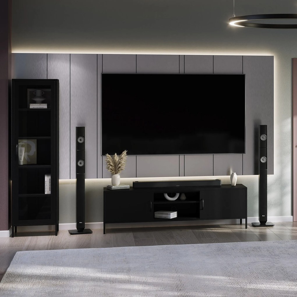 Witryna szklana wąska na nóżkach do salonu czarna, 500x1800x350 mm: LUIGI Modern