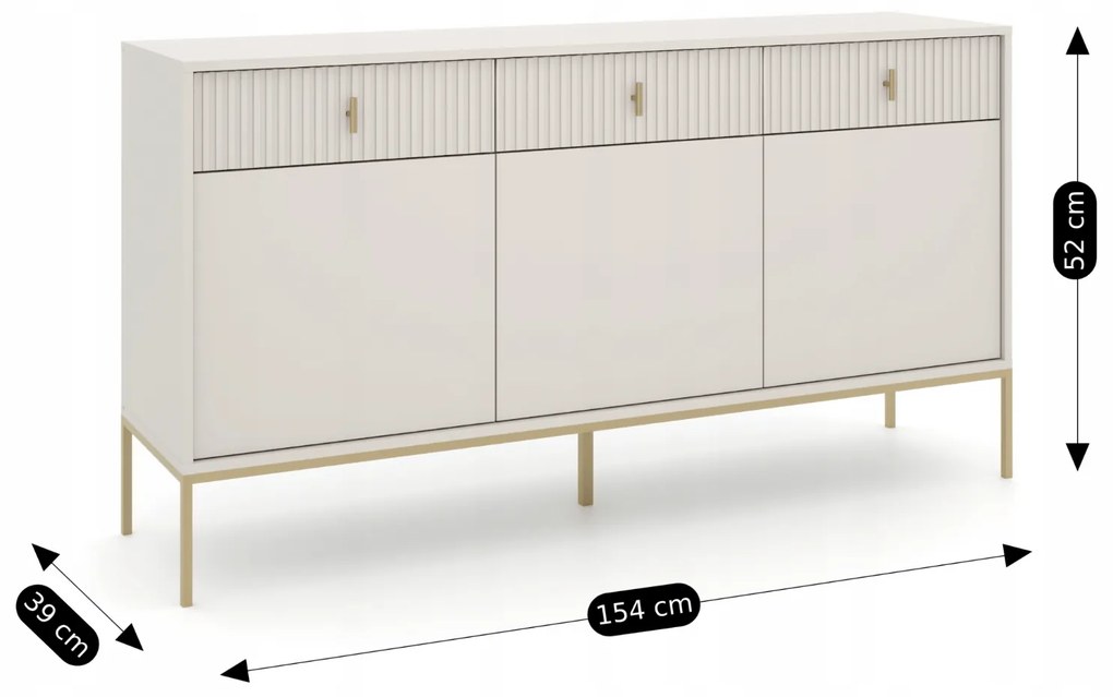 Komoda do Salonu Sypialni MARCOS 154 cm Kaszmir/Złoty Ryflowana Trzydrzwiowa z Szufladami Nowoczesna