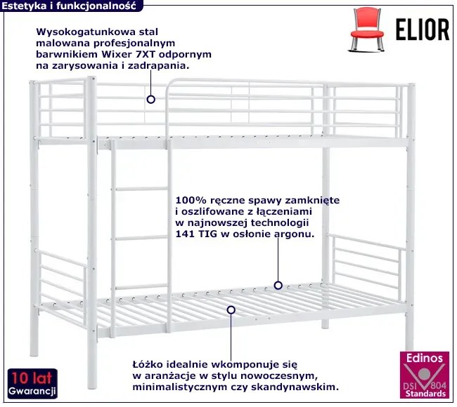 Białe metalowe łózko piętrowe 90x200 - Apis