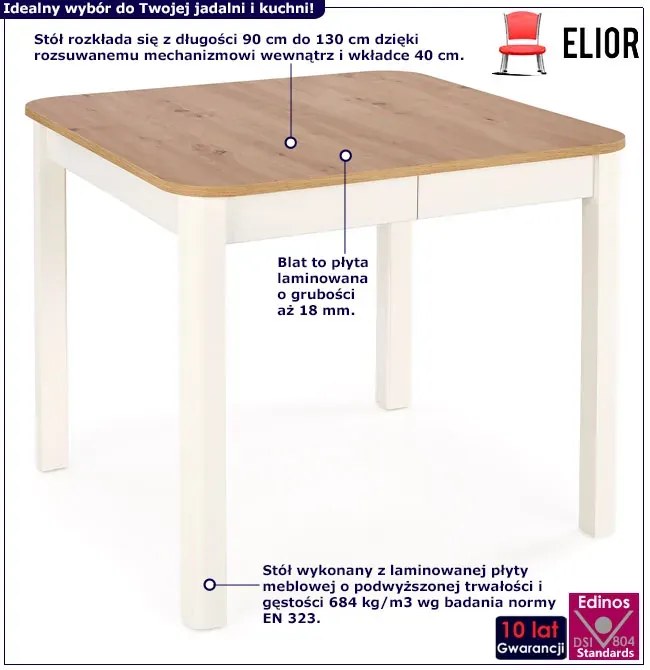 Biały + dąb artisan rozkładany stół kwadratowy do salonu - Kalo