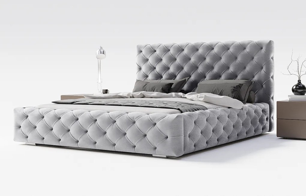 Emporius Paris łóżko tapicerowane 140x200 cm - glamour, pikowanie chesterfield - łóżko dwuosobowe z pojemnikiem, tkanina aksamitna, szary (Magic Velvet 2217)
