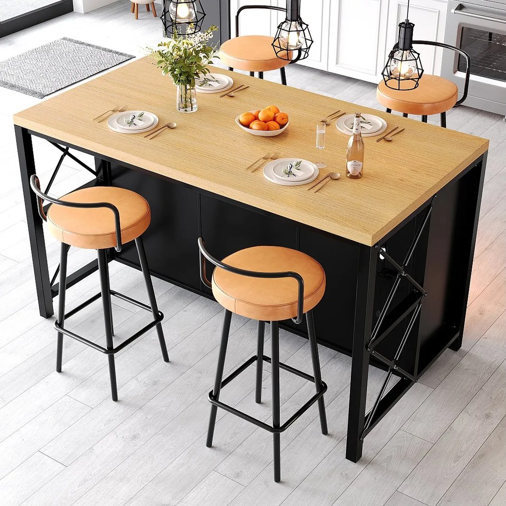 Zestaw wyspowy centralny z 4 hokerami barowymi (5 szt.) - 150 x 80 x 90 cm - z 3 szufladami i szklanymi drzwiami - MDF - czarny + naturalny