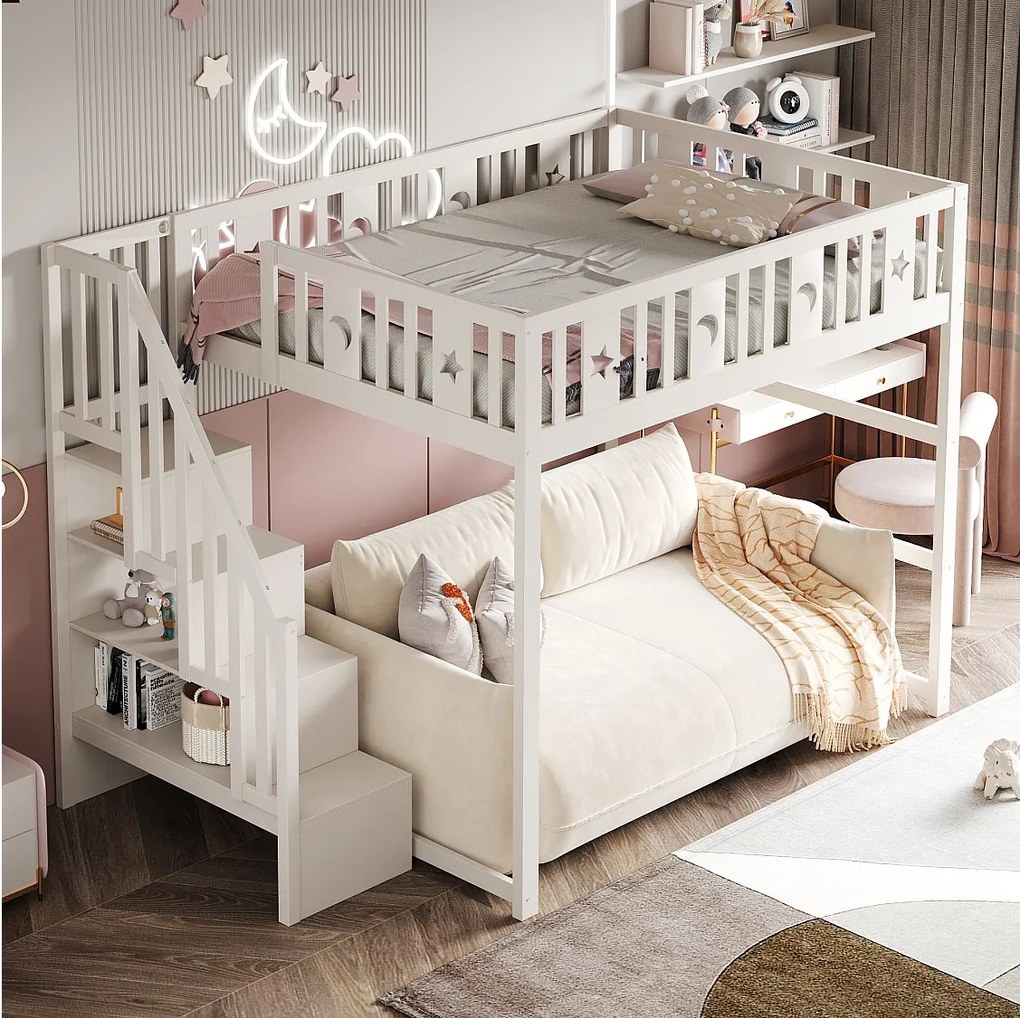 Łóżko piętrowe dla dzieci - 140 x 200 - ze schowkiem w schodach + barierka ochronna - drewno + MDF - białe