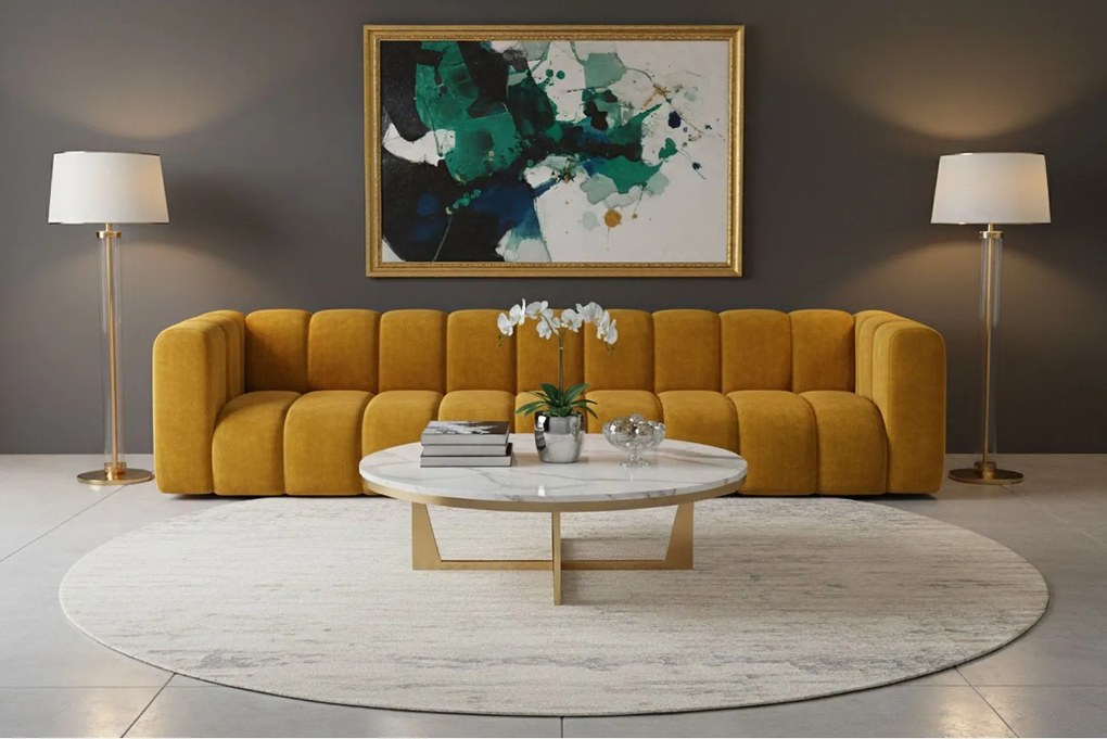 Sofa pięcioosobowa, kanapa Grand, tkanina welurowa Salvador, Żółty