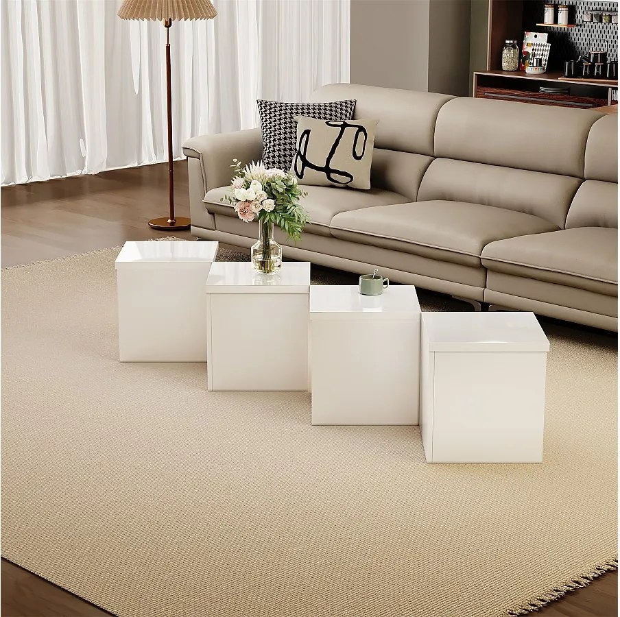 Stolik kawowy rozkładany - 81 x 81 x 40 cm - Płyta wiórowa - Blat błyszczący - Biały