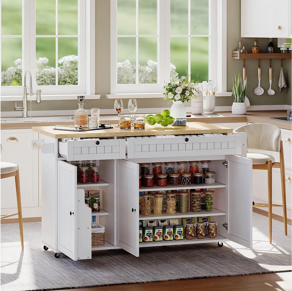 Biała wyspa kuchenna - Wózek kuchenny z 2 szufladami i 3 drzwiami - Półka na przyprawy i ręczniki