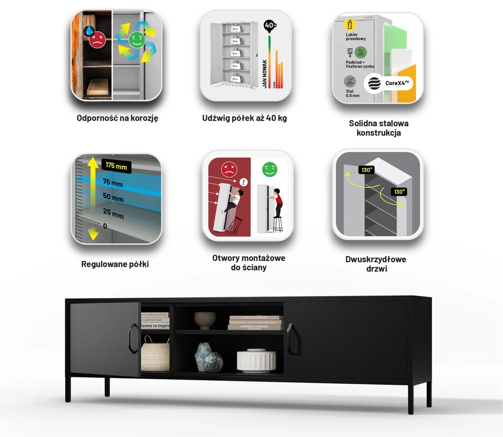 Szafka RTV długa XL czarna ROSARIA 1700 x 400 x 500 mm