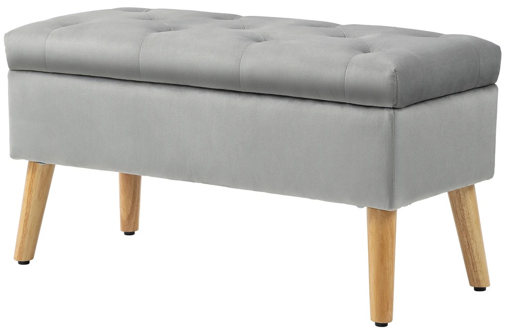 HOMCOM Tapicerowana ławka z miejscem do przechowywania, pokrycie z aksamitu, nogi z drewna, do salonu, sypialni, przedpokoju, 80 x 35 x 40 cm, Szary