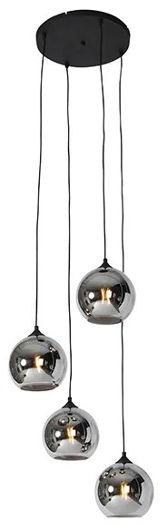 Lampa wisząca w stylu art deco czarna z dymionym szkłem 4-światłowa - Wallace ArtDeco Oswietlenie wewnetrzne