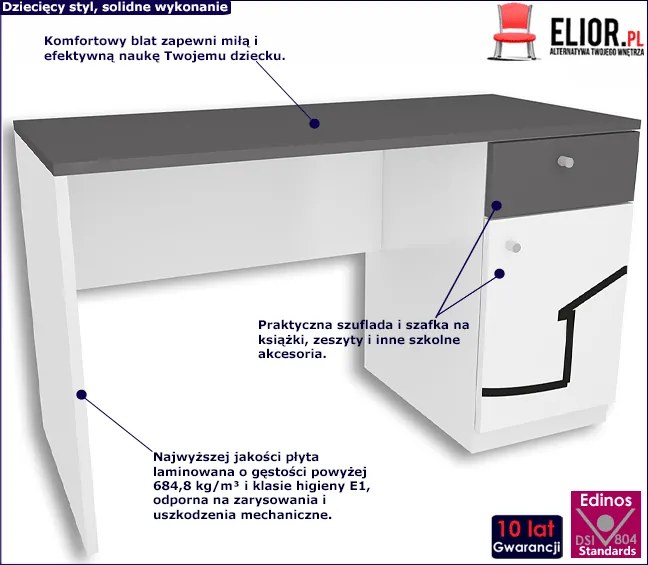 Biało-grafitowe biurko dla dziecka Erwa 2X - 5 kolorów