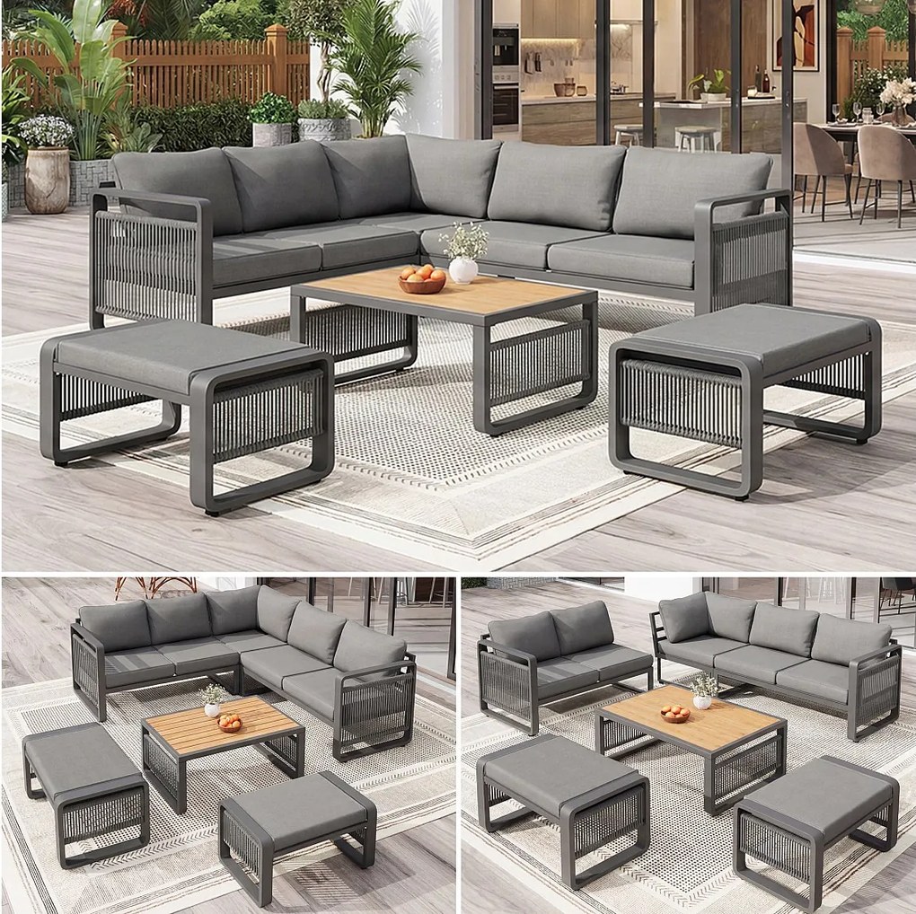 Zestaw mebli ogrodowych 6-7-osobowy - sofa + stół + 2 hokery + poduszki na siedzisko i oparcie - metal - szary