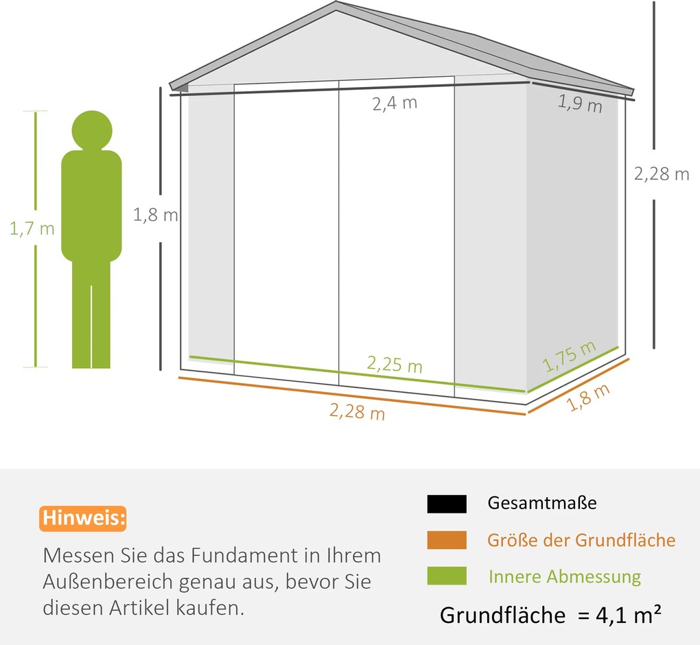 Outsunny Szopa na narzędzia, domek ogrodowy z oknem wentylacyjnym, plastik, metal, 240 x 190 x 228, szary