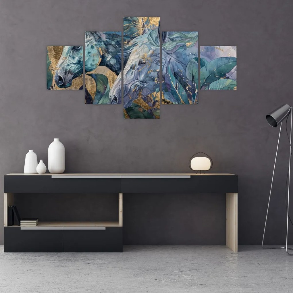 Obraz - Konie na złotym tle (125x70 cm)