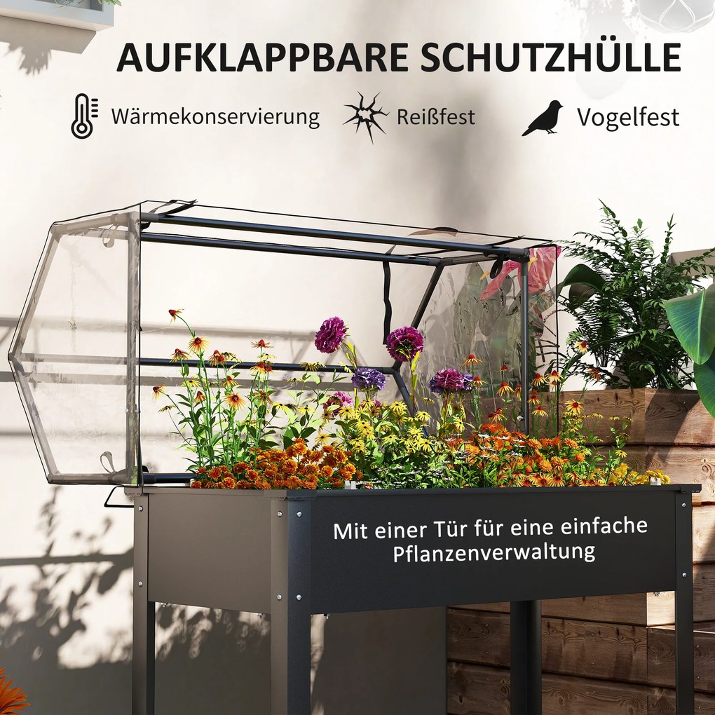 Outsunny Wysoki grządek z dachem cieplarnianym, Podniesiona skrzynka do sadzenia z otworami odpływowymi, 100 x 48 x 124 cm, Czarny