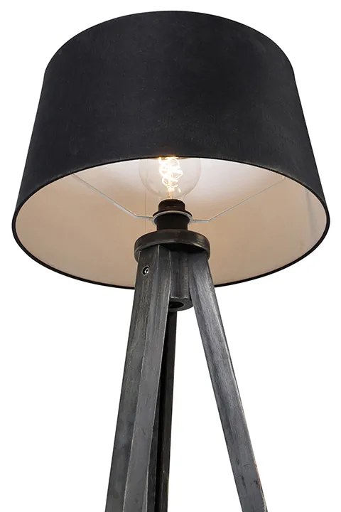 Lampa stojąca na statywie czarna z abażurem z lnu czarnego 45 cm - Tripod Classic klasyczny/Antyczny Oswietlenie wewnetrzne
