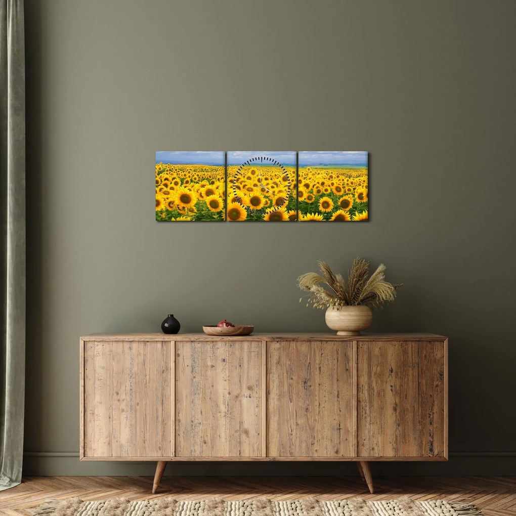 Obraz pola słoneczników (z zegarem) (90x30 cm)