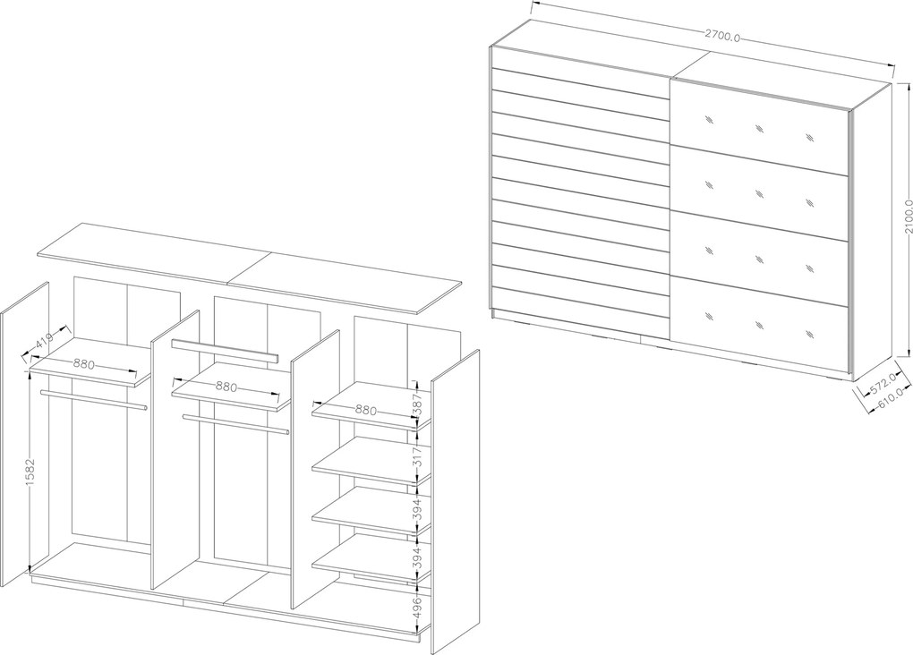 Szafa Przesuwna COSMICO 270 cm Szafa Dwudrzwiowa Odcienie brązu