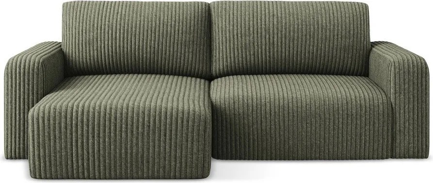 Zielony sztruksowy rozkładany narożnik ze schowkiem (lewostronny/z szezlongiem) Kona – Makamii