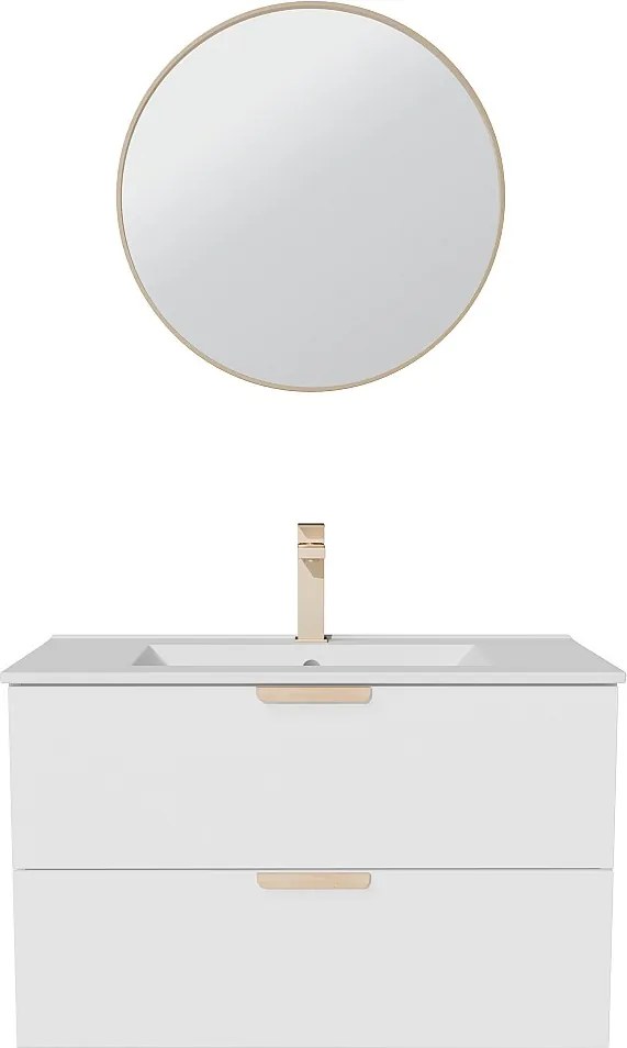 Wisząca szafka łazienkowa z umywalką wpuszczaną w blat, baterią i lustrem – Biała – Szer80 cm – AVORELI