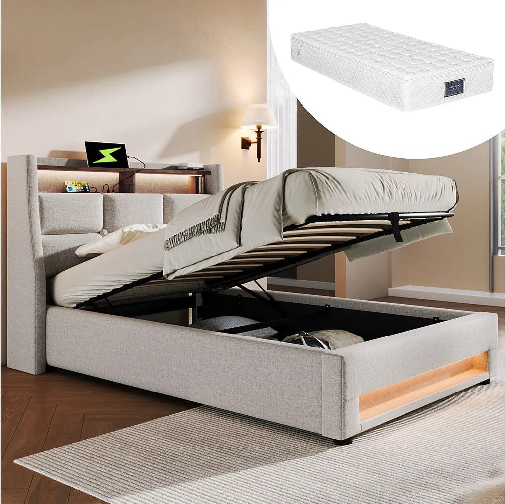 Łóżko tapicerowane z pojemnikiem dla młodzieży - 90 x 200 cm - Materac + LED-y + Zagłówek z USB - Tkanina lniana - Beż