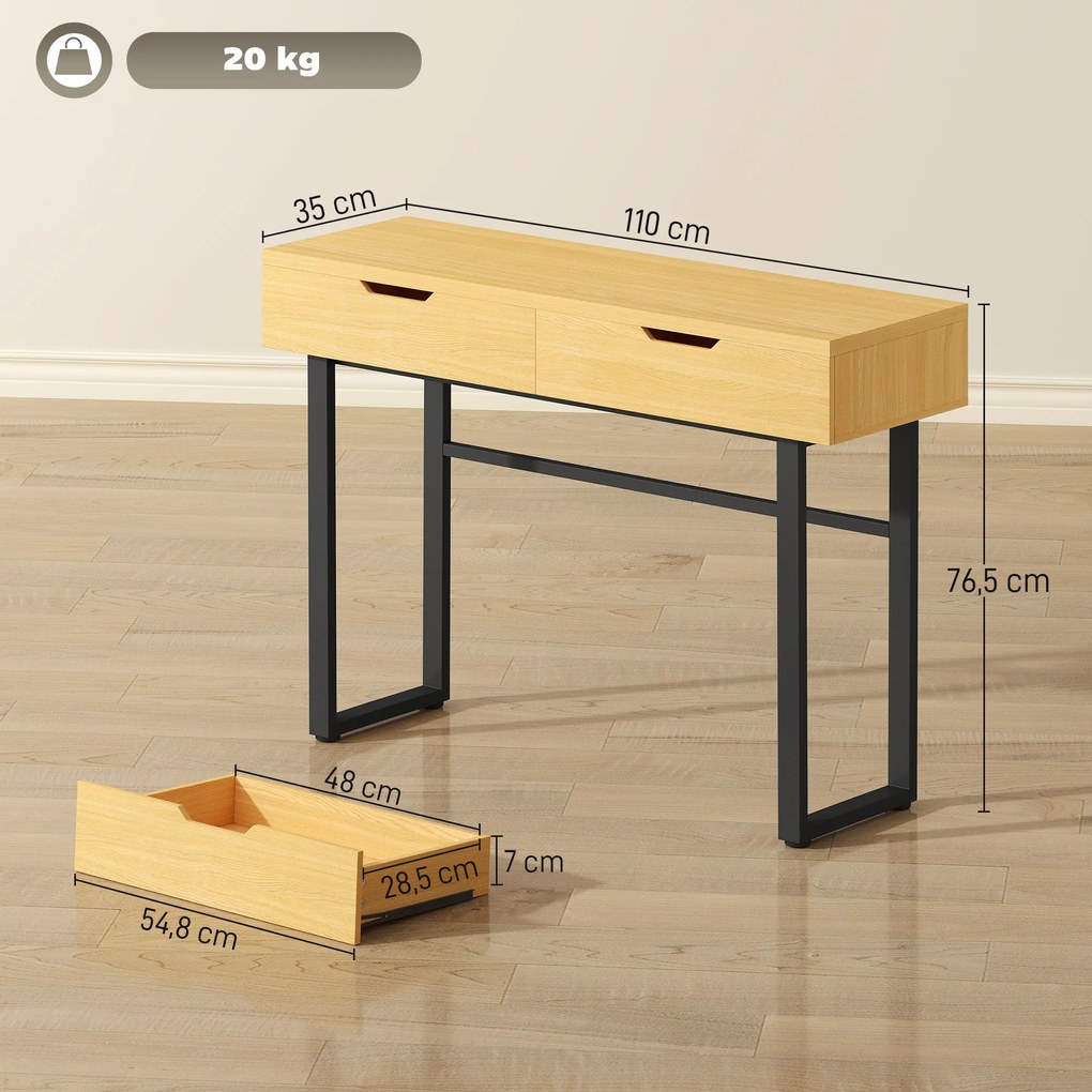 HOMCOM Stolik konsolowy Wąski stolik do przedpokoju z 2 szufladami, metalowa rama, do przedpokoju 110 x 35 x 76,5 cm naturalny | Aosom PL