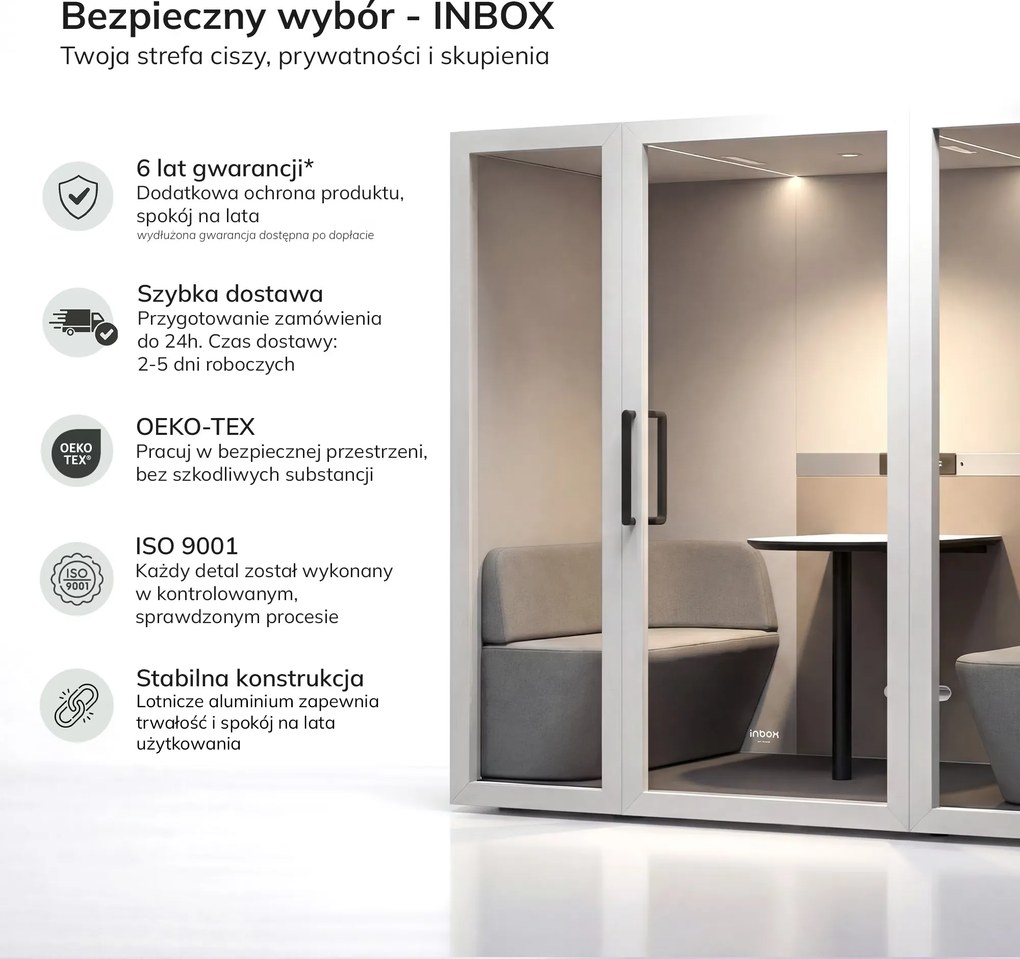 Budka akustyczna do biura 4-osobowa, 2100x2200x1220 mm: INBOX