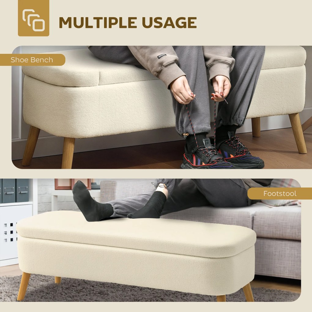 HOMCOM Ławka z miejscem do przechowywania, 65 L, materiał Teddy-Fleece, drewno kauczukowe, 120 x 42 x 45 cm, Beżowy | Aosom PL