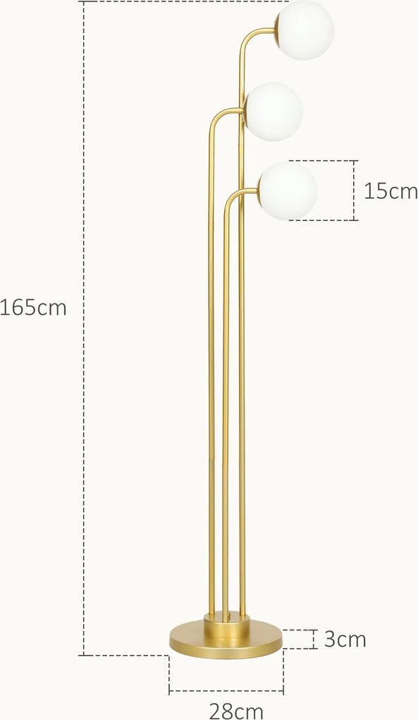 HOMCOM Nowoczesna Lampa Stojąca z 3 Abażurami, z Włącznikiem Nożnym, do Salonu, Sypialni, 3 x Oprawka E27, Złoty Kolor