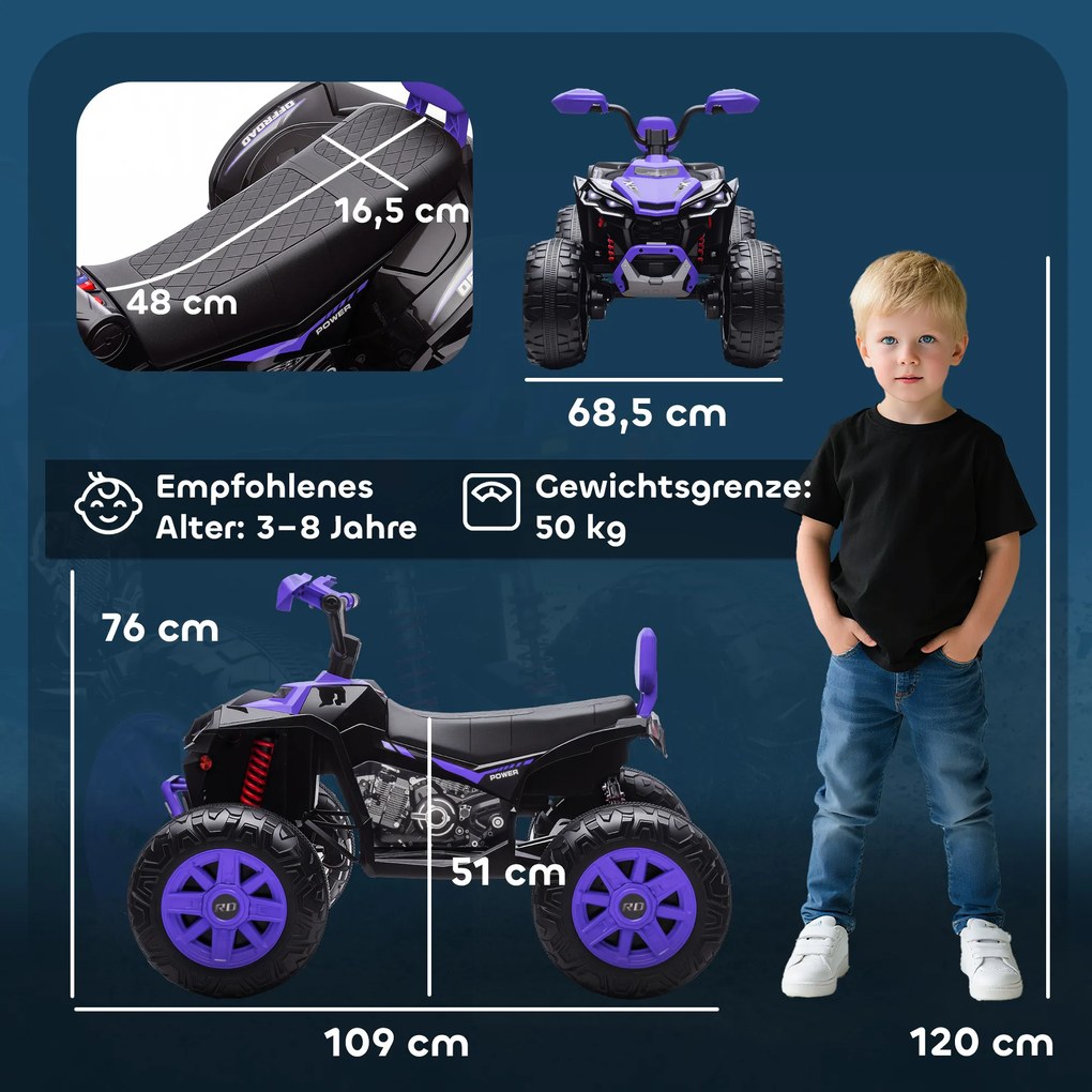 AIYAPLAY Elektryczny quad dla dzieci, 24V pojazd elektryczny z 4 kołami, reflektory, złącze USB, funkcja MP3, 6,5 km/h, 3-8 lat