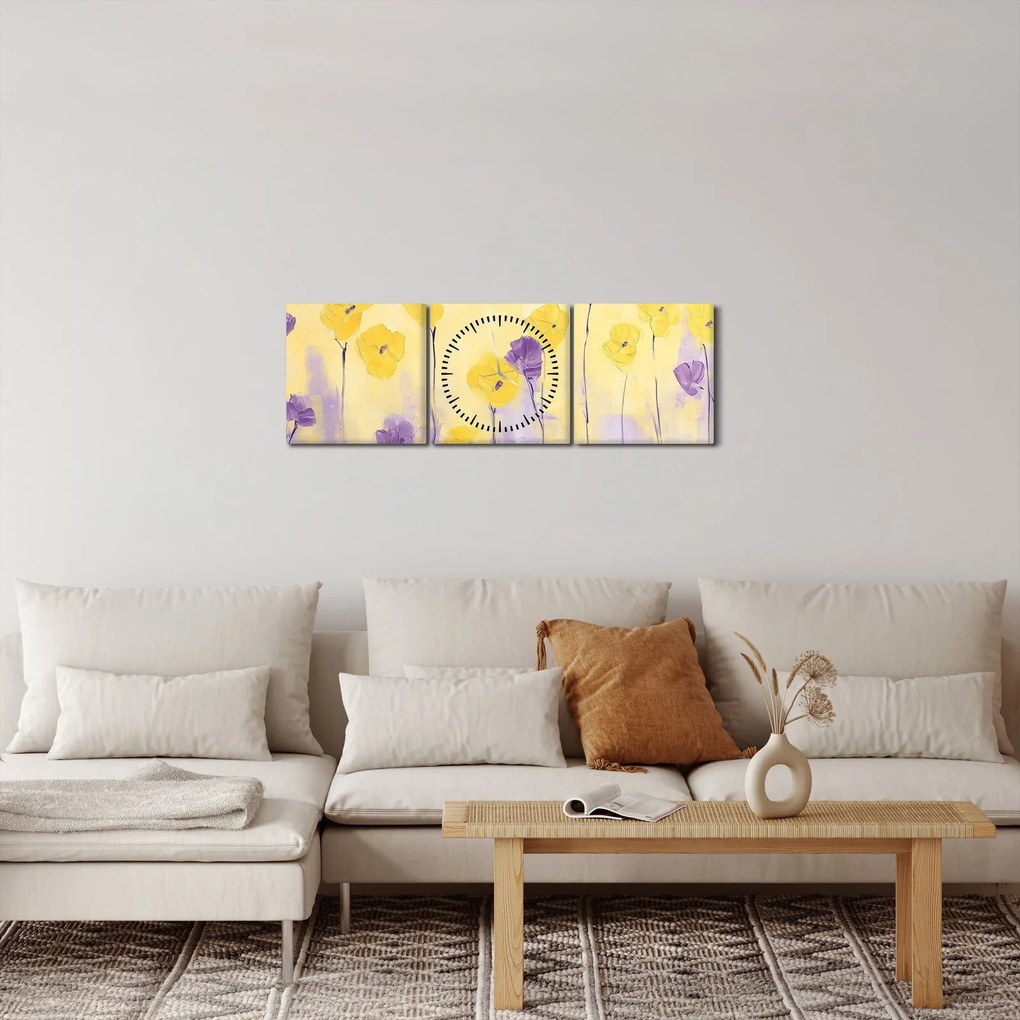 Obraz - Fioletowe i żółte kwiatuszki (z zegarem) (90x30 cm)
