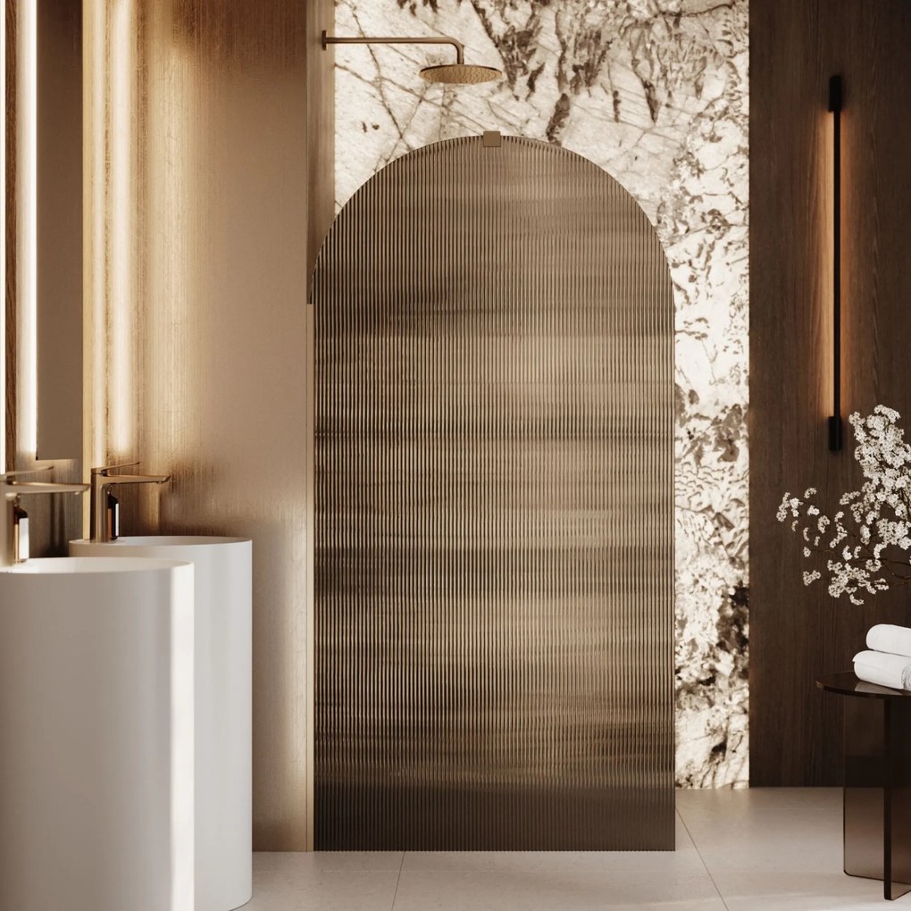 Ścianka prysznicowa WALK IN FIX grafitowa półokrągła ryflowana 8mm ARTE WELLE Oval Grafit MASSI | Różne rozmiary : Kolor profili kabiny - złoty szczotkowany, Szerokość ścianki - 120 cm, Typ montażu - WALK in FIX (Do ściany)