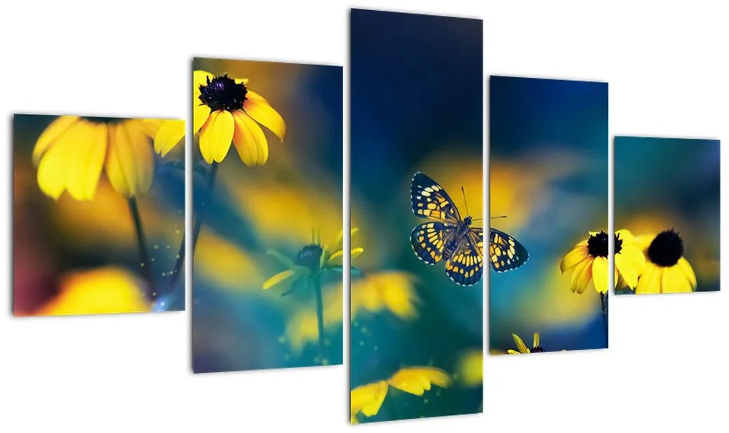 Obraz - Żółty motyl z kwiatami (125x70 cm)