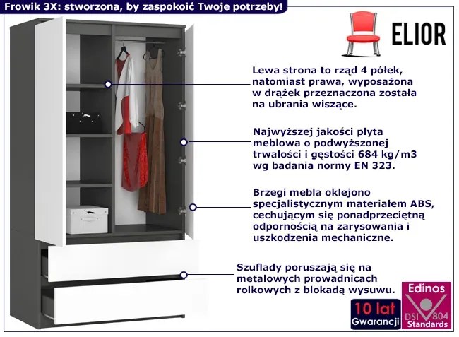 Szafa z drążkiem i półkami szary + biały Kerva