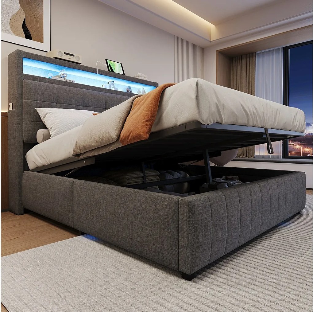 Łóżko ze schowkiem 160 x 200 cm z zagłówkiem i przegródkami - diody LED i port USB - tkanina lniana - szare (bez materaca)
