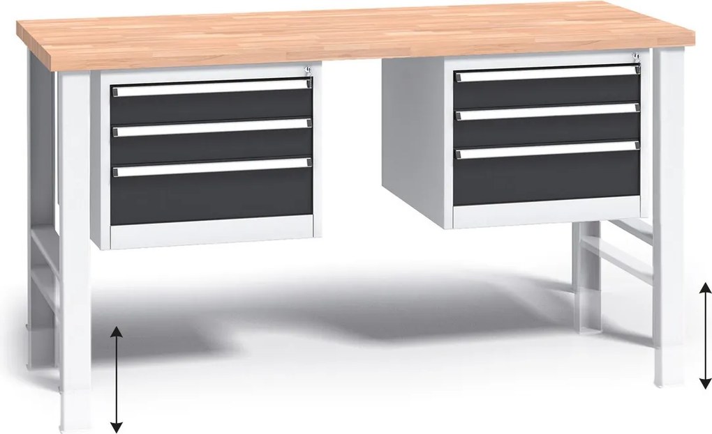 Stół warsztatowy z regulacją wysokości G3, 1700 x 685 x 840-1050 mm, 2x 3 szufladowy kontener, grafitowy