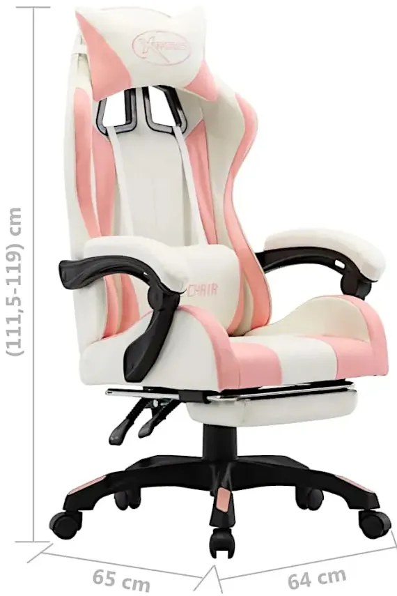 Biało-różowy fotel gamingowy z zagłówkiem i podnóżkiem P1-A86