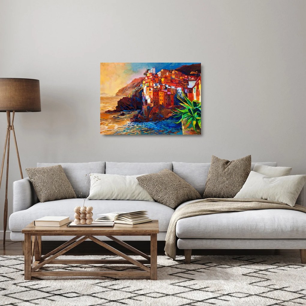 Obraz na szkle - Wieś na wybrzeżu Cinque Terre, Włoska Riviera, nowoczesny impresionism (70x50 cm)