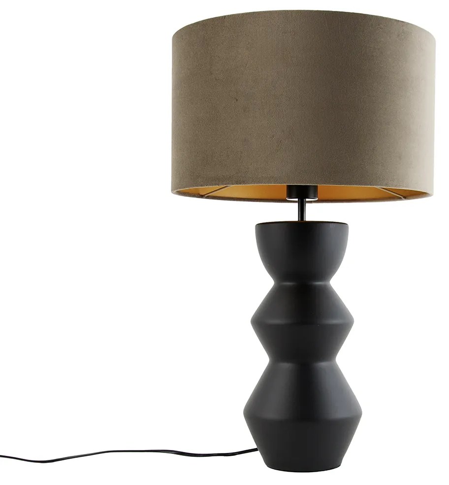 Designerska lampa stołowa z czarnym abażurem z aksamitu w kolorze taupe ze złotem 35 cm - Alisia