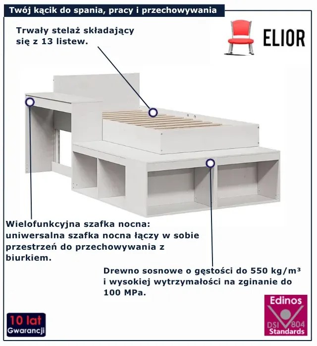 Białe drewniane łóżko z półkami P9-D65
