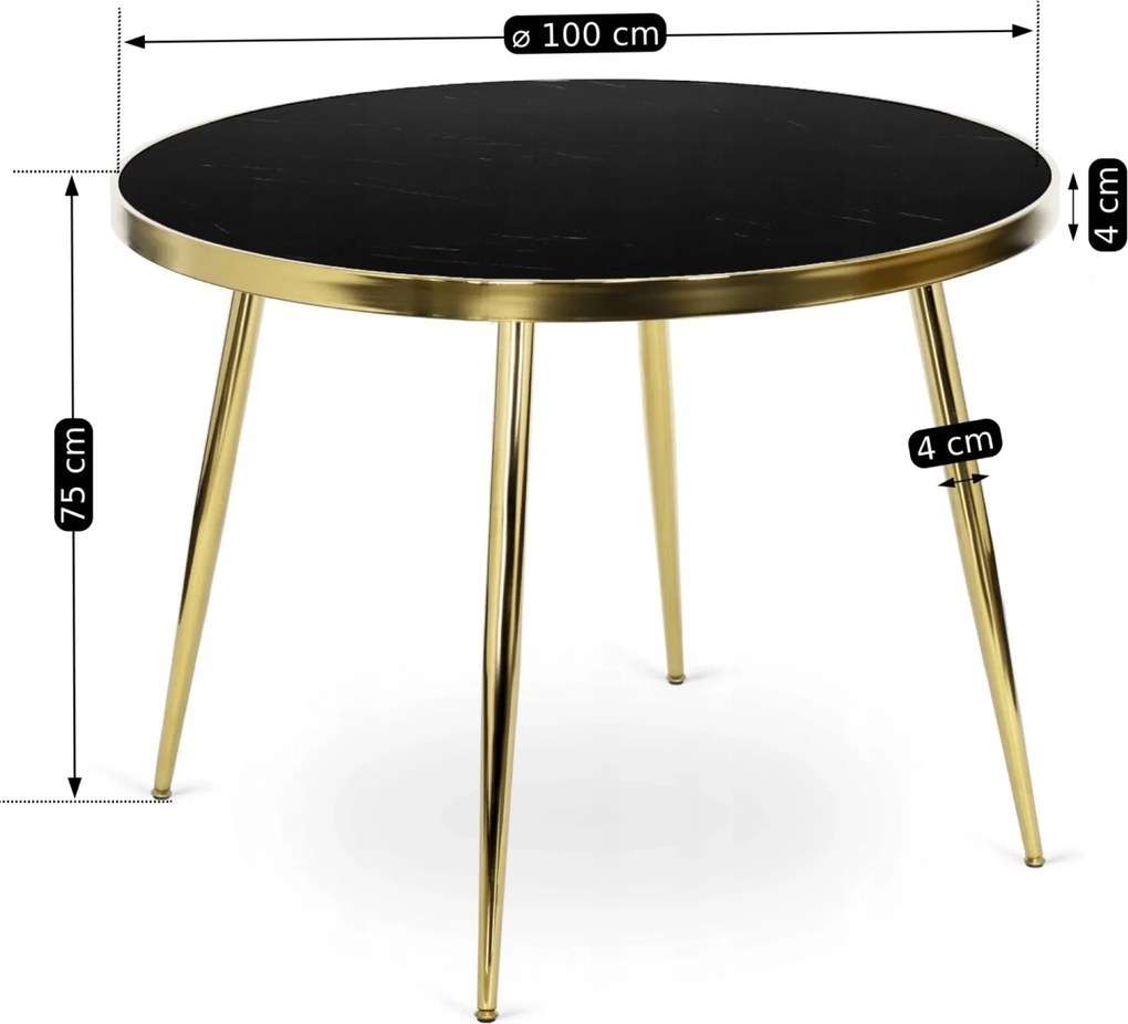 Szklany stół w stylu glamour Tinga 100 cm, czarny marmur/złoty